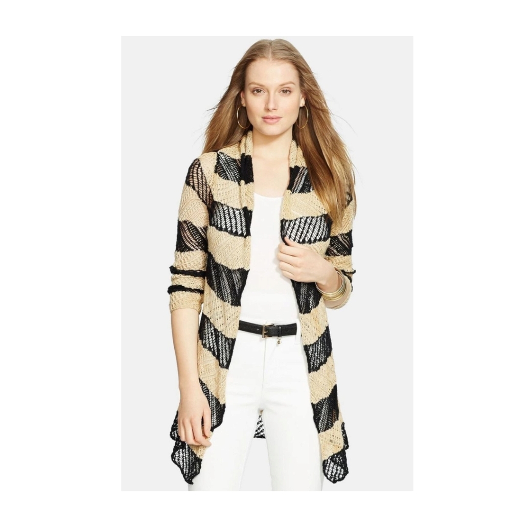 Lauren Ralph Lauren Black Beige Woven Linen Blend Longline Open Cardigan Medium
